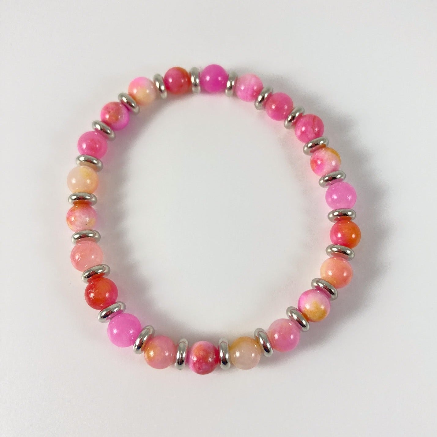 FFB52 - Stretch Bracelet - Pink & Yellow Jade w/ Silver Spacers