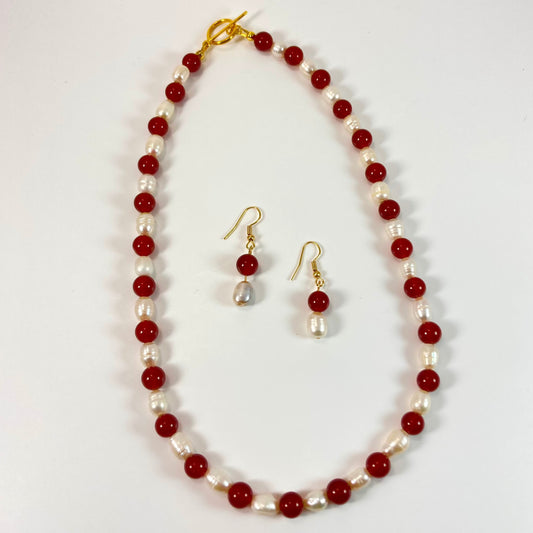 FNES22- Pearl & Red Necklace & Earring Set