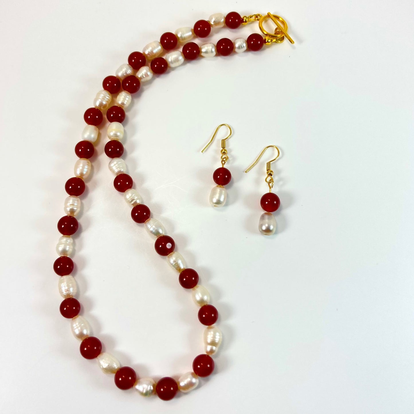 FNES22- Pearl & Red Necklace & Earring Set
