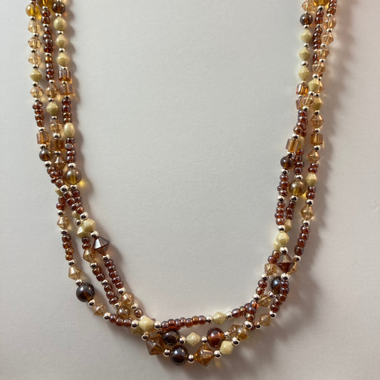 FTN25 - 3 Strand Gold, Silver, Bronze & Tan Necklace