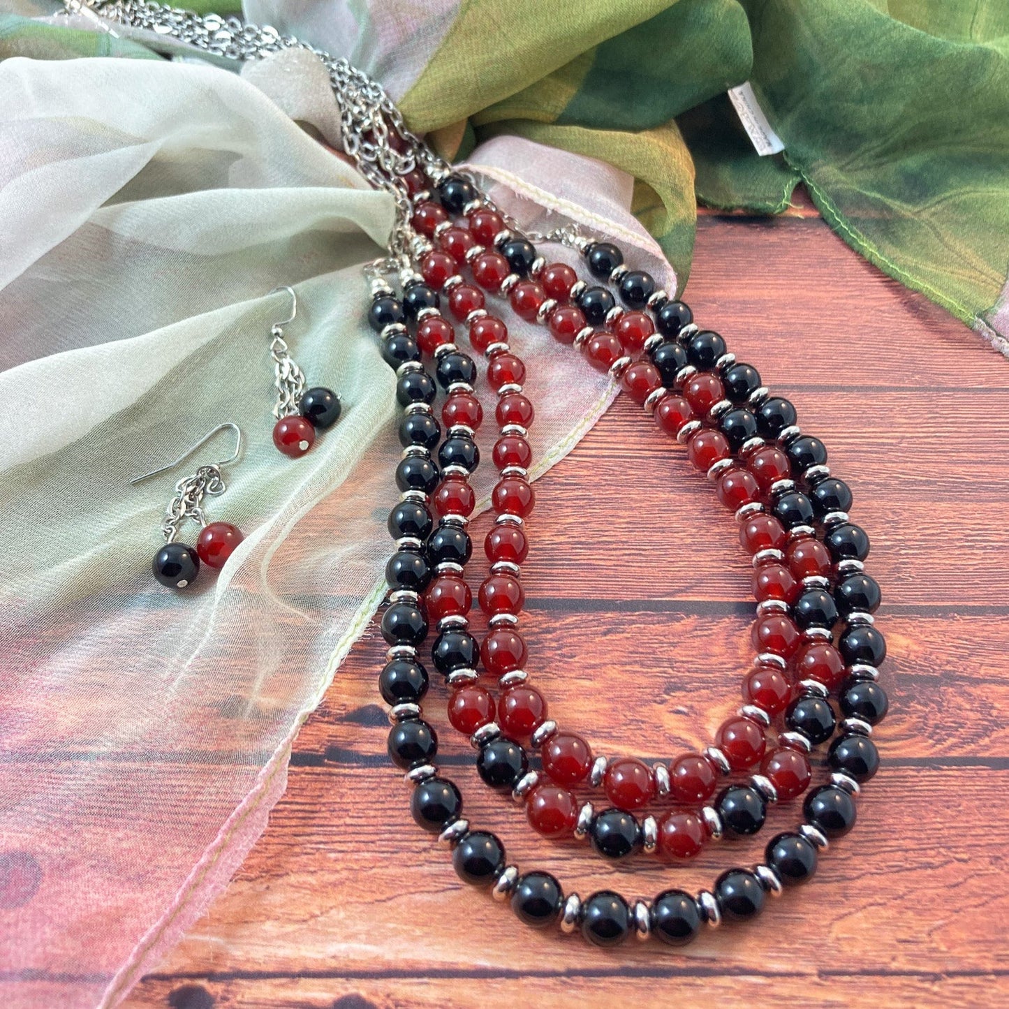 FTNS35 - 3 Strand Red, Black & Silver Necklace w/ Earrings