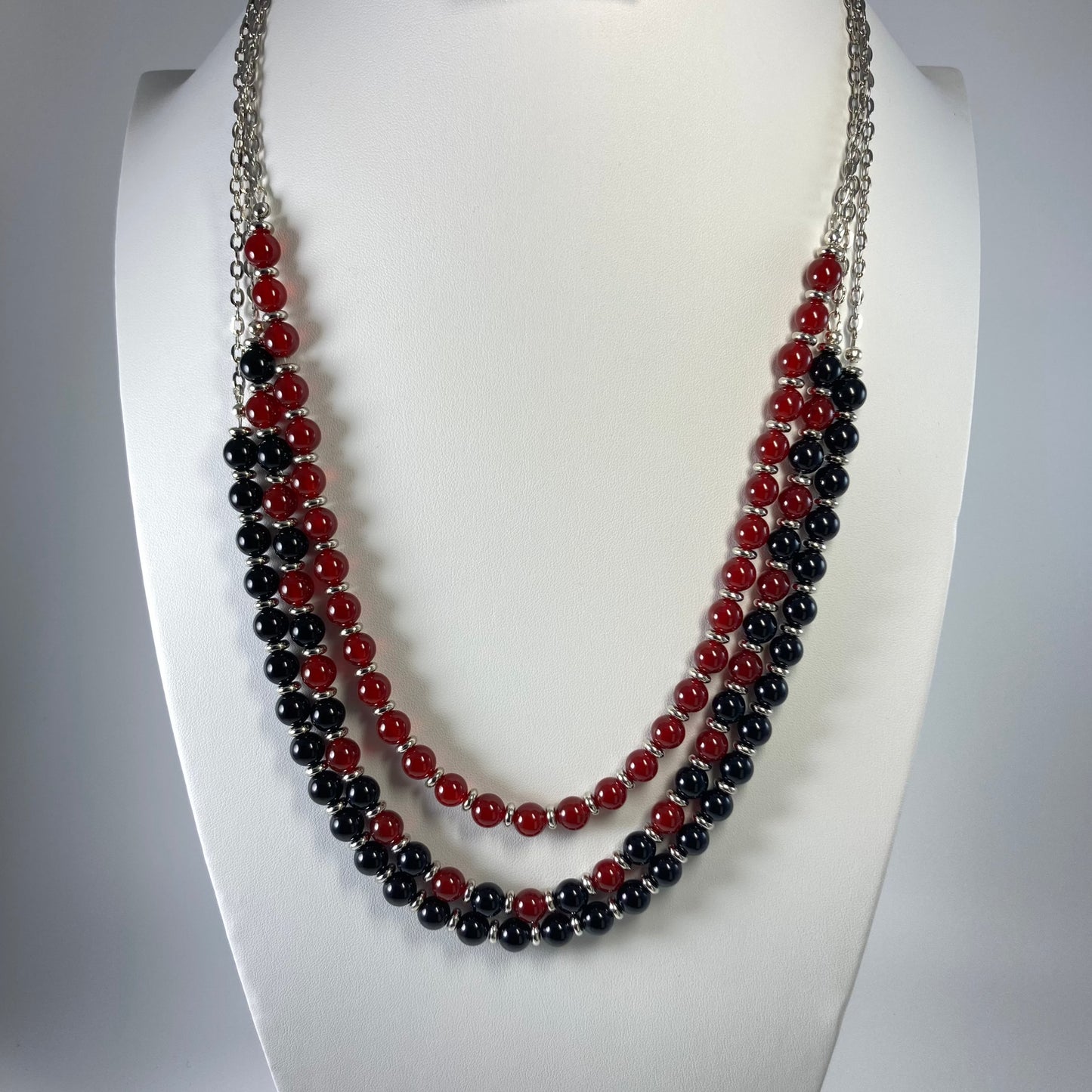 FTNS35 - 3 Strand Red, Black & Silver Necklace w/ Earrings