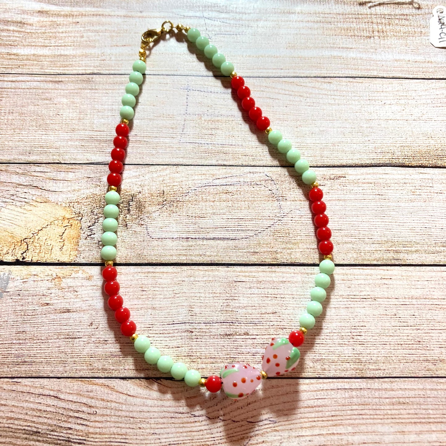 N24-C11 - Green & Red Beaded Necklace w/ Strawberry Focal