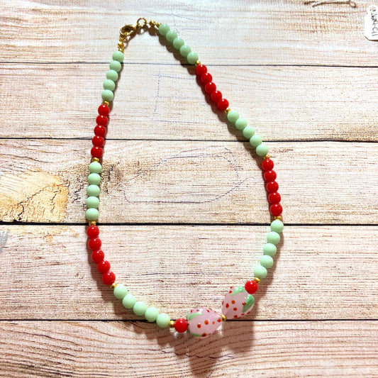 N24-C11 - Green & Red Beaded Necklace w/ Strawberry Focal