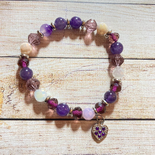 B24-F58 - Purple Amethyst Stretch Bracelet with Heart Charm