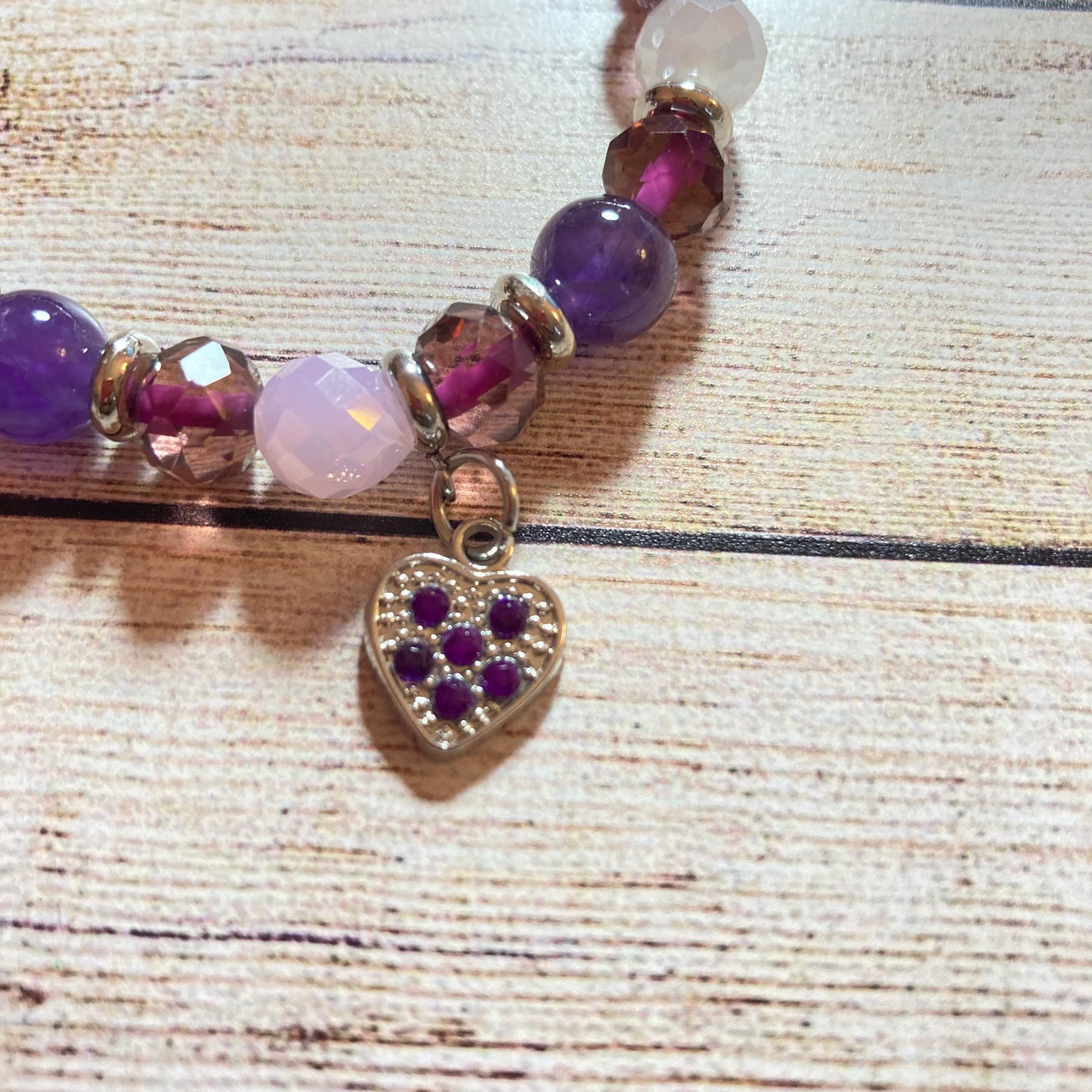 B24-F58 - Purple Amethyst Stretch Bracelet with Heart Charm