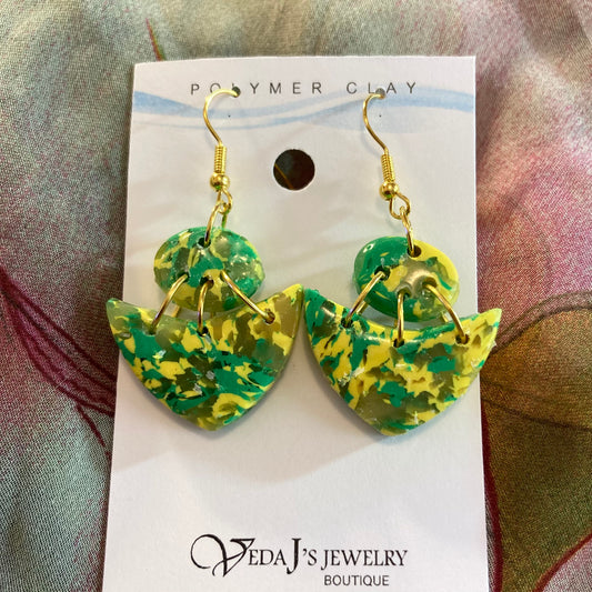 PLYCL-12 - Green & Yellow Triangular Shaped Marbled Earrings