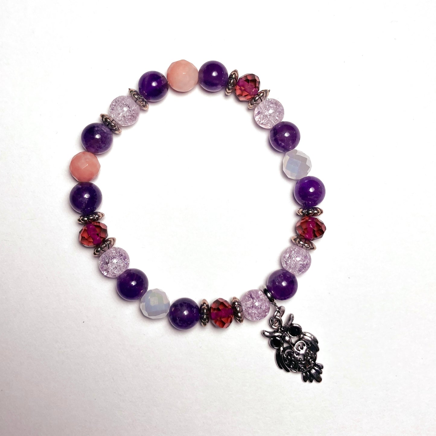 B24-F60 - Amethyst Glass Stretch Bracelet w/ Owl Charm