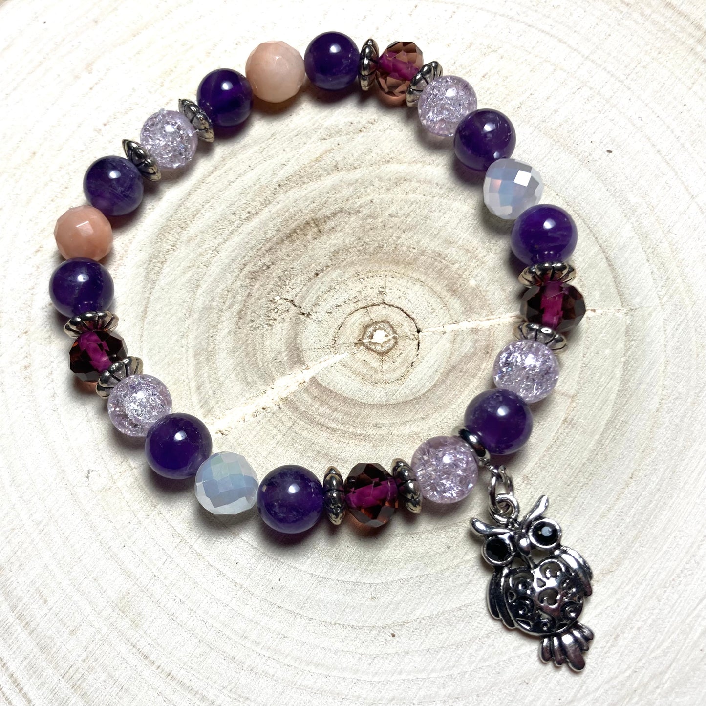 B24-F60 - Amethyst Glass Stretch Bracelet w/ Owl Charm