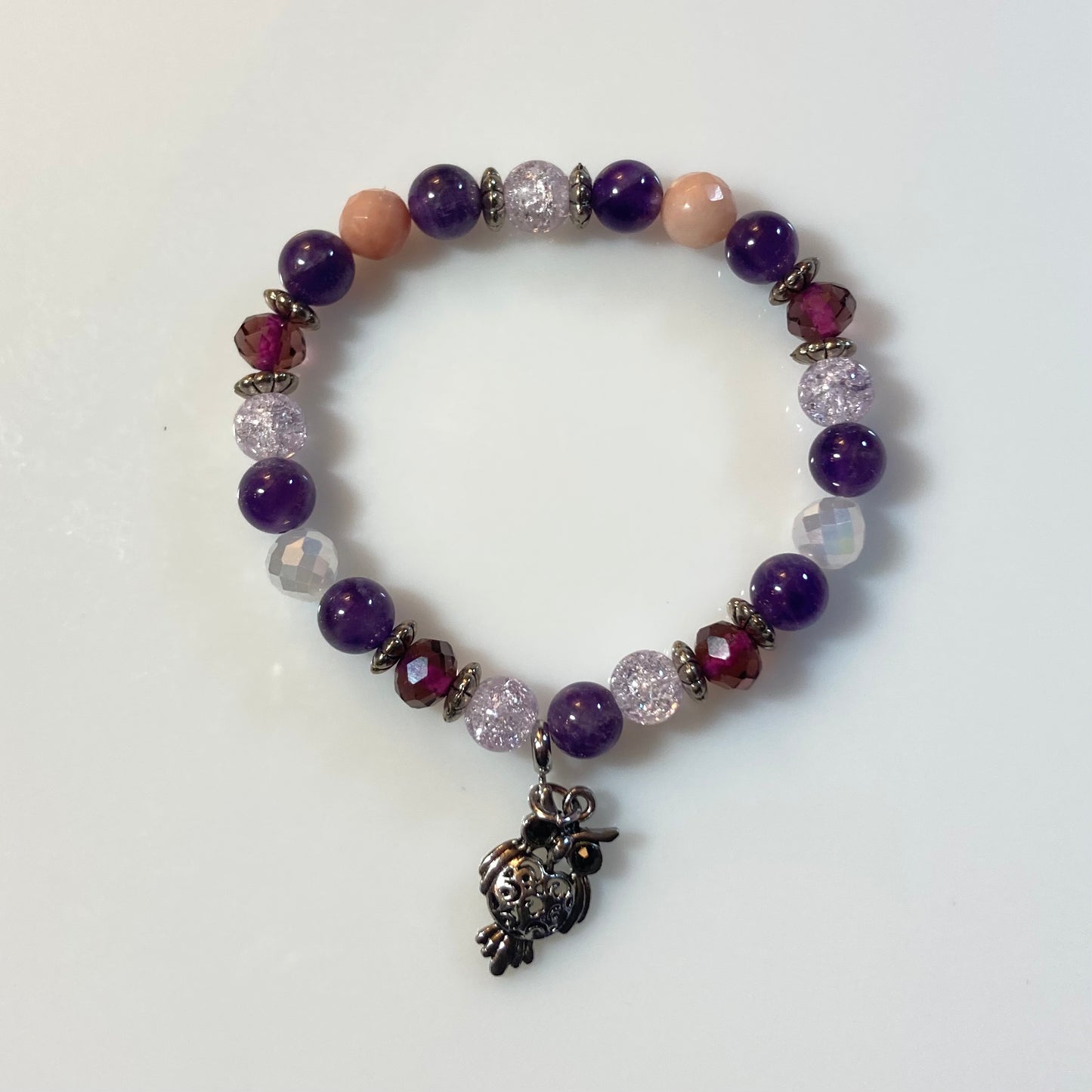 B24-F60 - Amethyst Glass Stretch Bracelet w/ Owl Charm