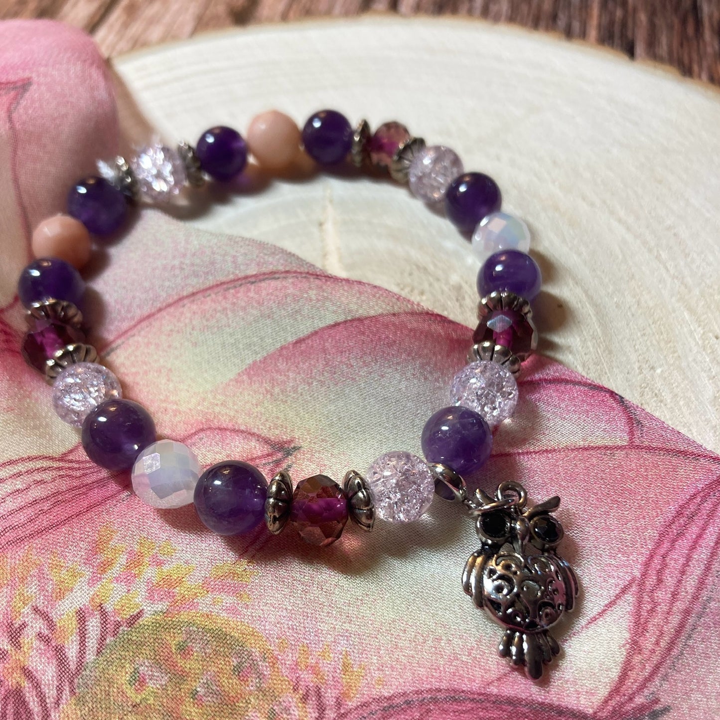 B24-F60 - Amethyst Glass Stretch Bracelet w/ Owl Charm