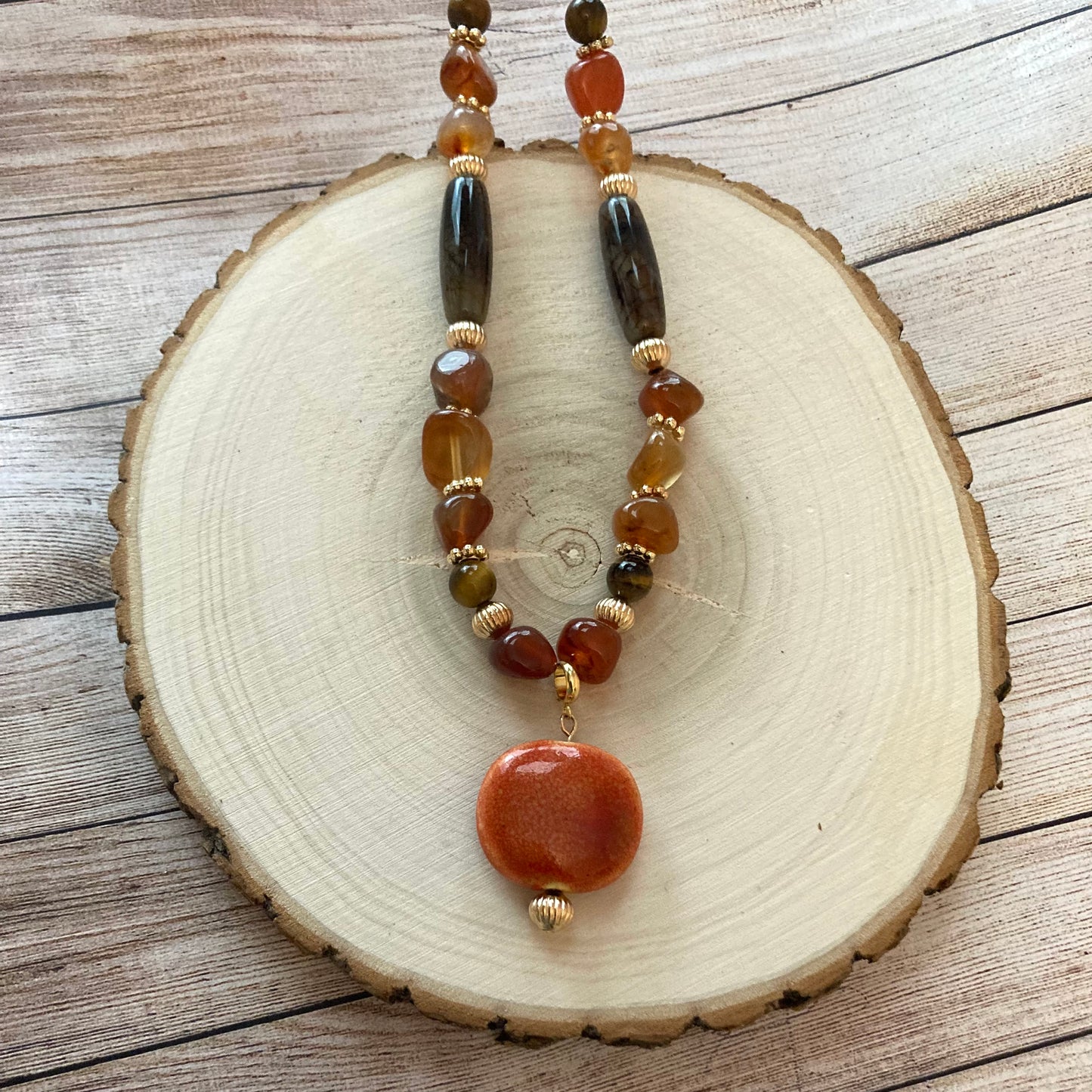 N24-F44C - Orange & Gold Necklace with Ceramic Focal