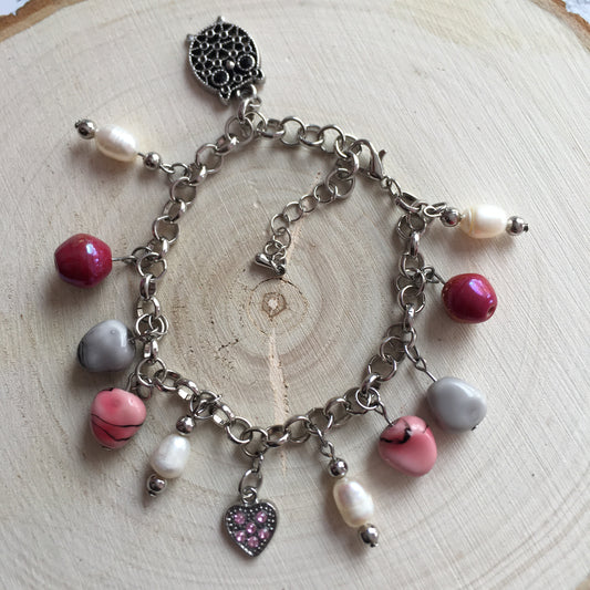 B24-F22 - Pink, White & Gray Bracelet w/ Silver Heart and Owl Charms