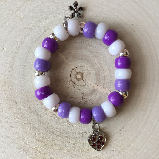 GB24-F02 - Purple & White Stretch Bracelet w/ Heart & Flower Charms