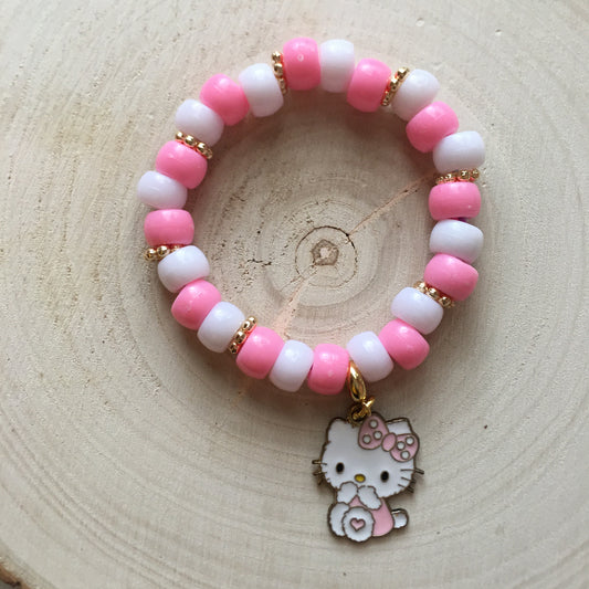 GB24-F03 - Pink & White Stretch Bracelet w/ Hello Kitty Charm