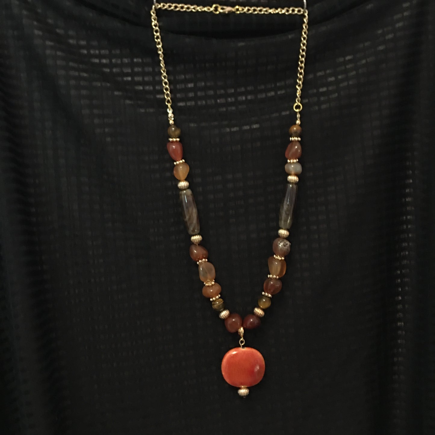 N24-F44C - Orange & Gold Necklace with Ceramic Focal