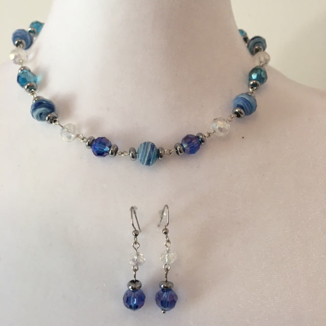 NS24-F54 - Blue Glass Necklace and Earring Set