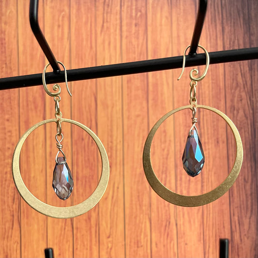 25 E17 Brass hoops with blue teardrop