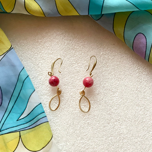 25E-23  Pink quartz earring with gold dangle