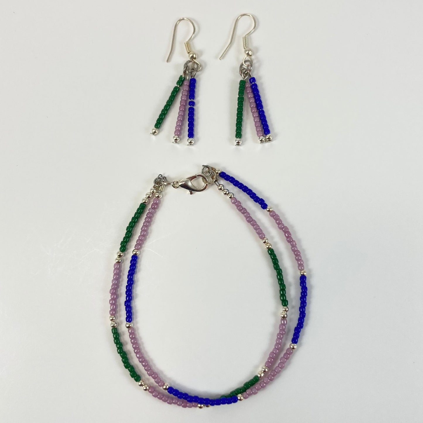 FFB32 - Friendship Bracelet & Earrings - Blue, Mauve & Green