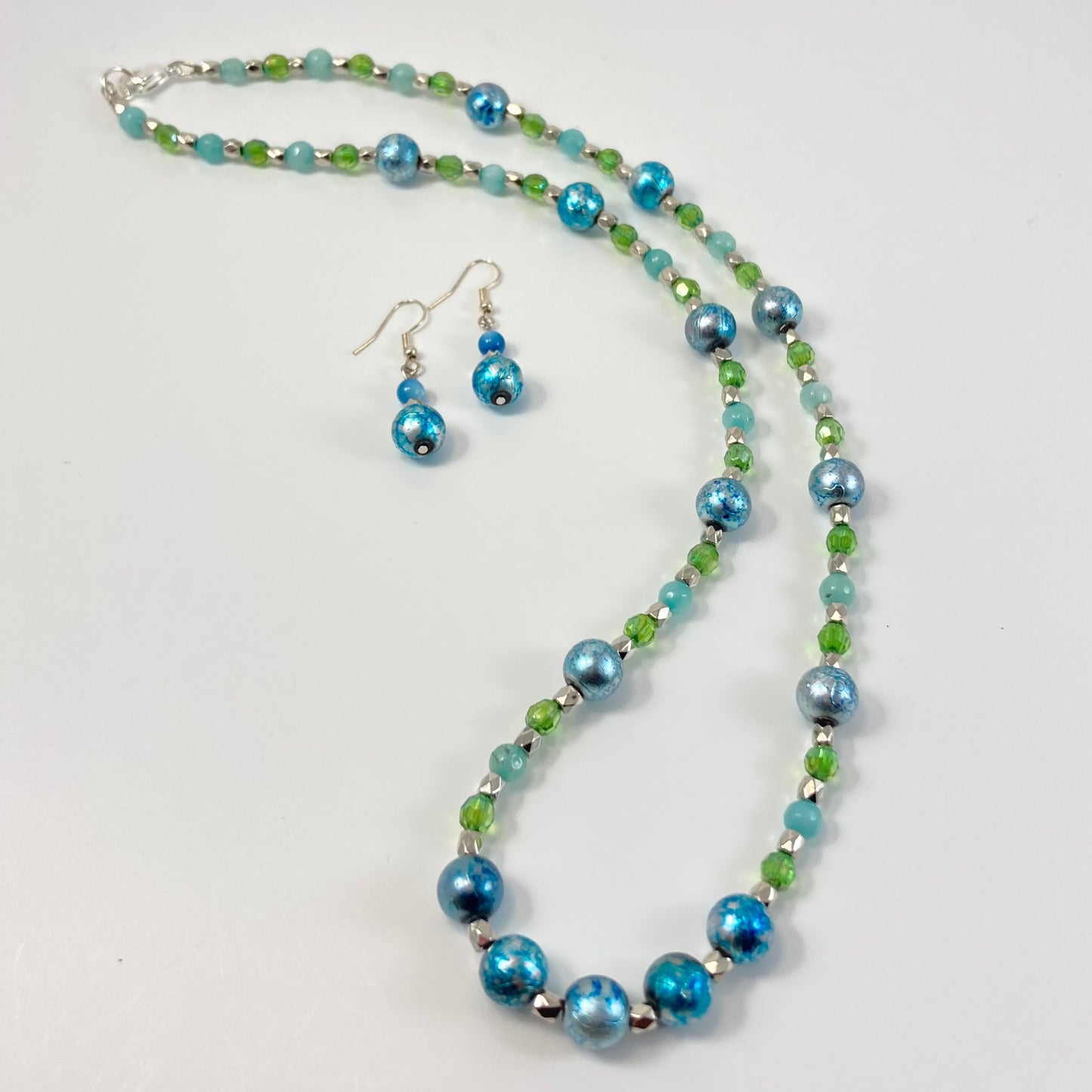 30S - Blue Metallic Glass Bead Necklace & Earring Set