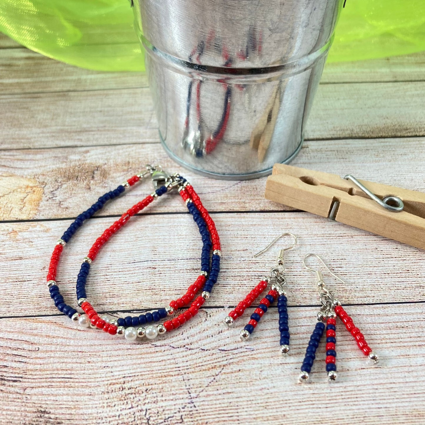 FFB34- Friendship Bracelet & Earrings - Red & Blue