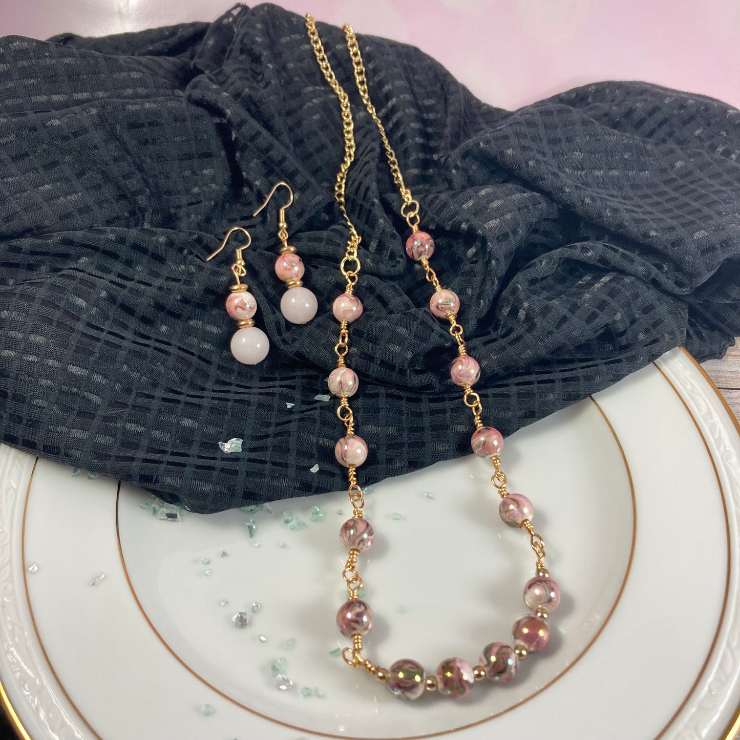 40S Pink & Gold Bead Necklace and Earring Set