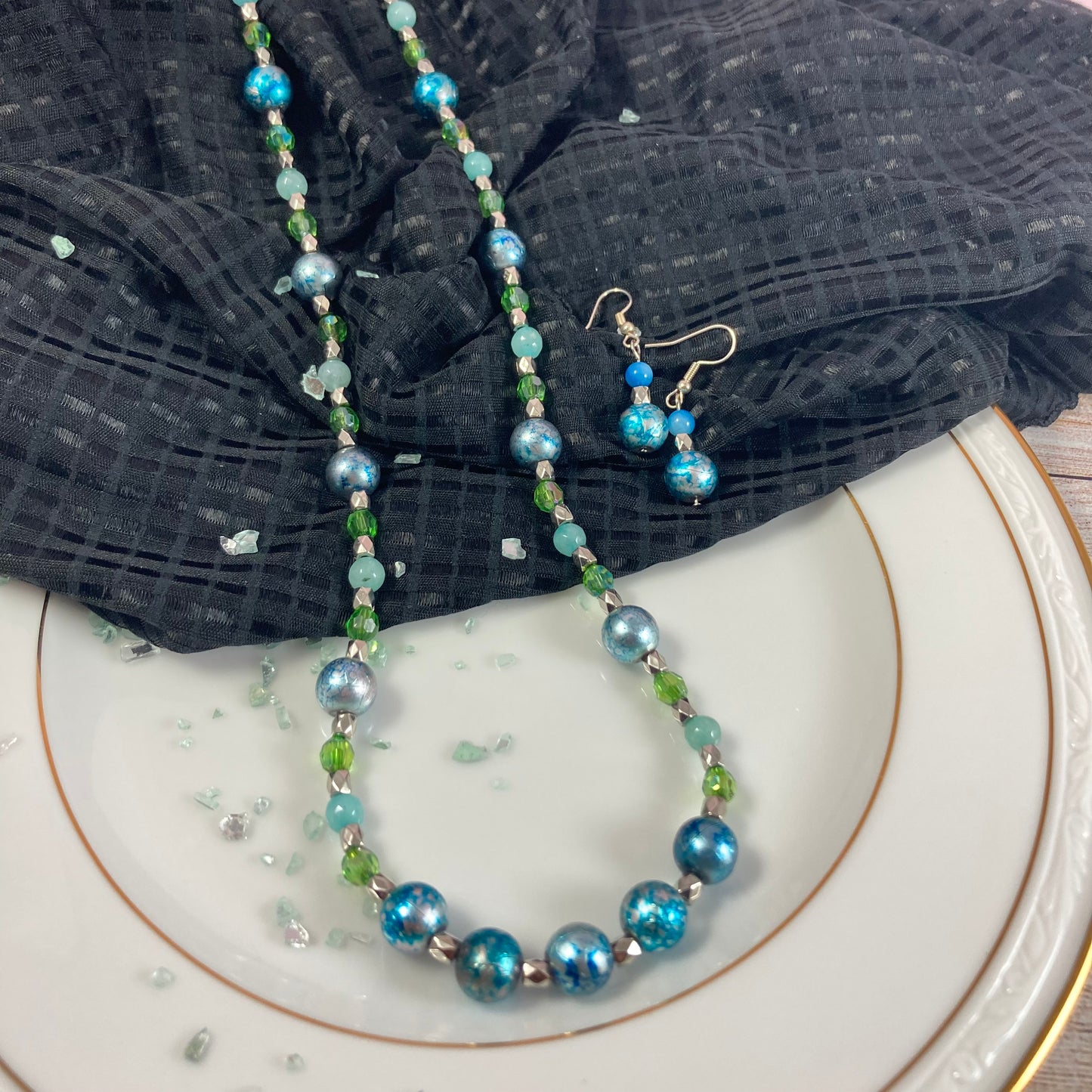 30S - Blue Metallic Glass Bead Necklace & Earring Set