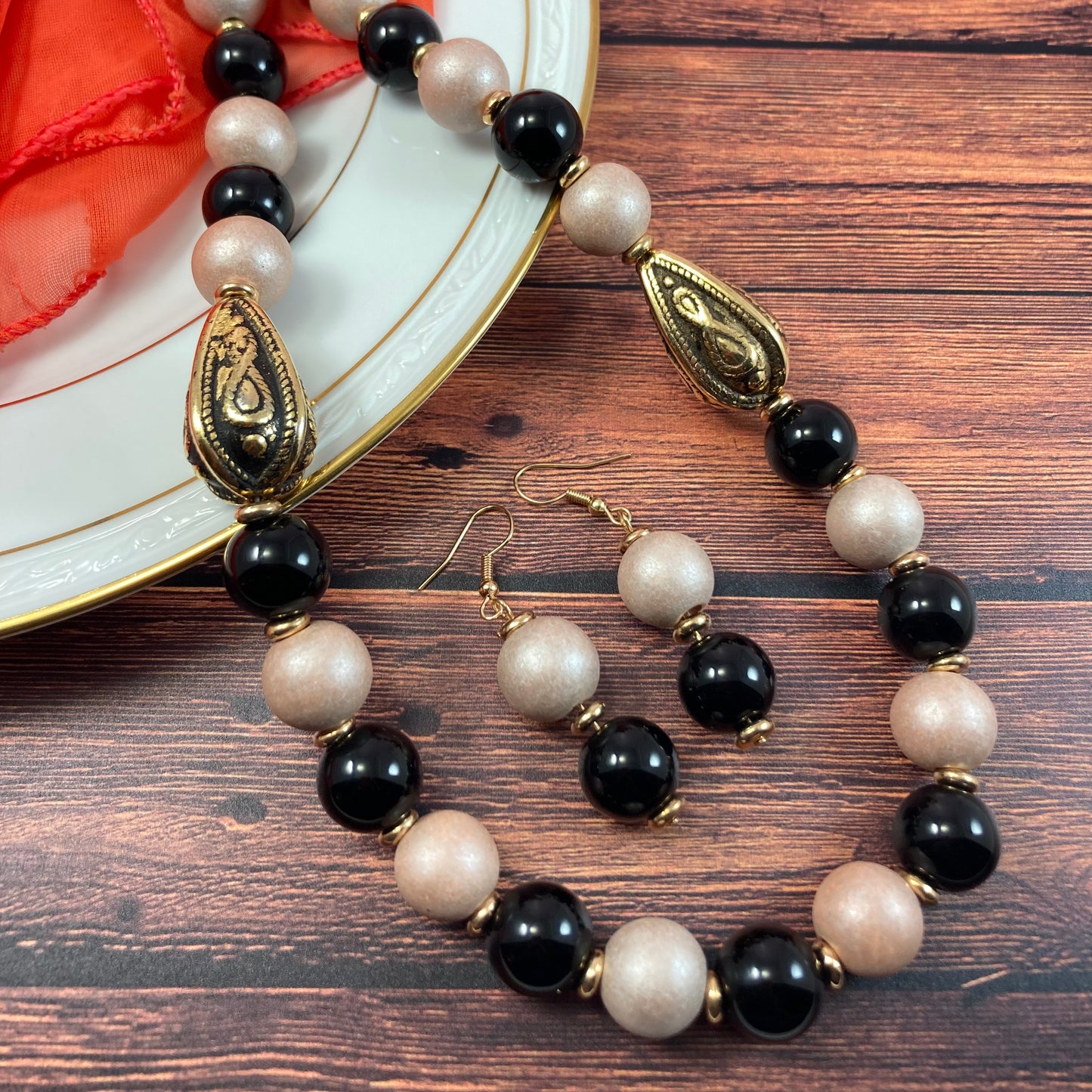 33S - Black & Tan Bead Necklace and Earrings