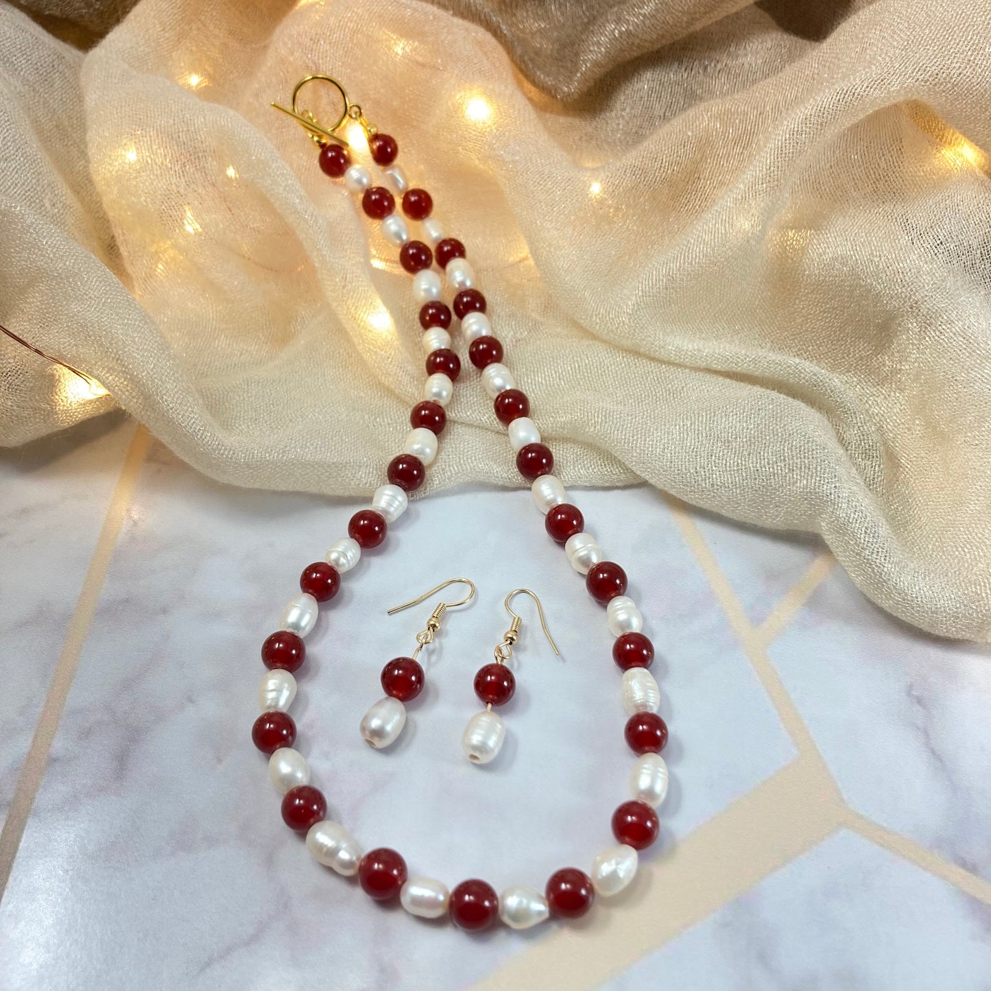 FNES22- Pearl & Red Necklace & Earring Set