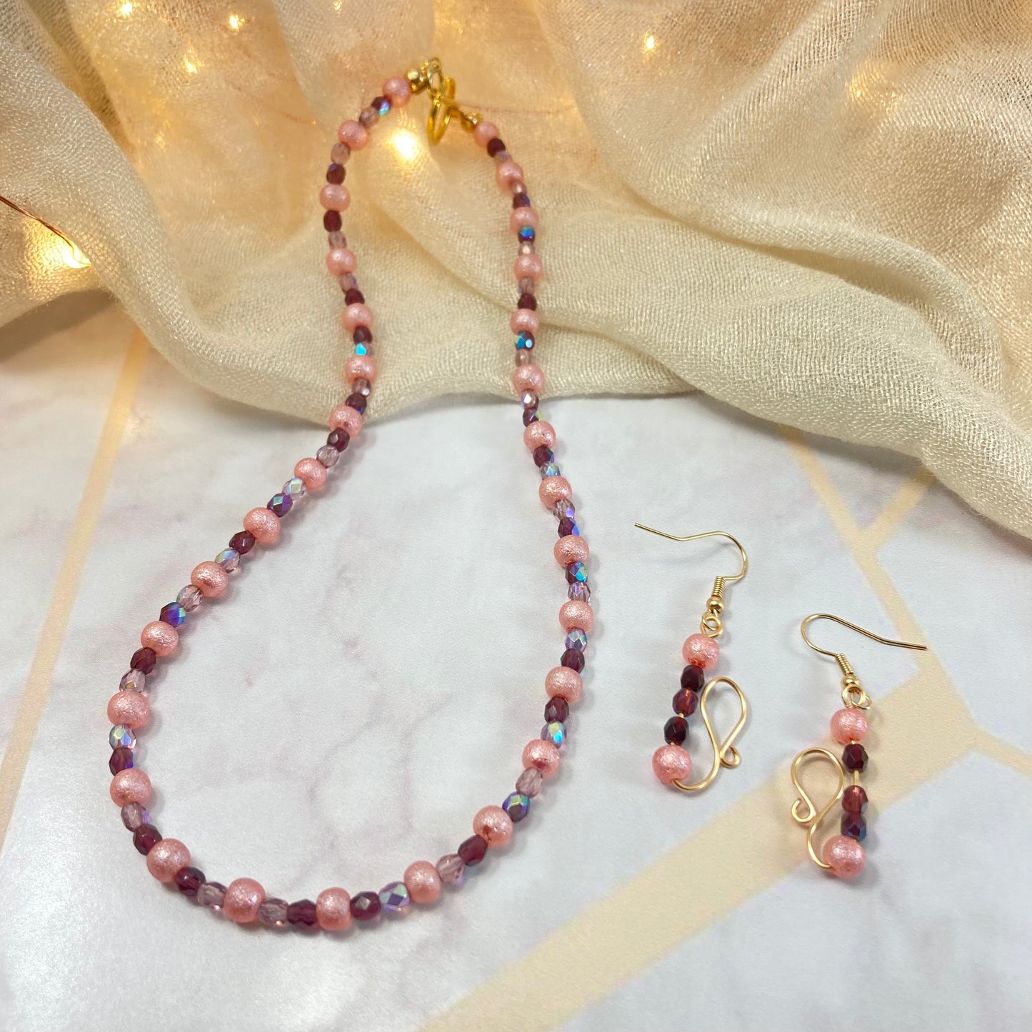 23S - Pink Frosted Necklace and Earring Set