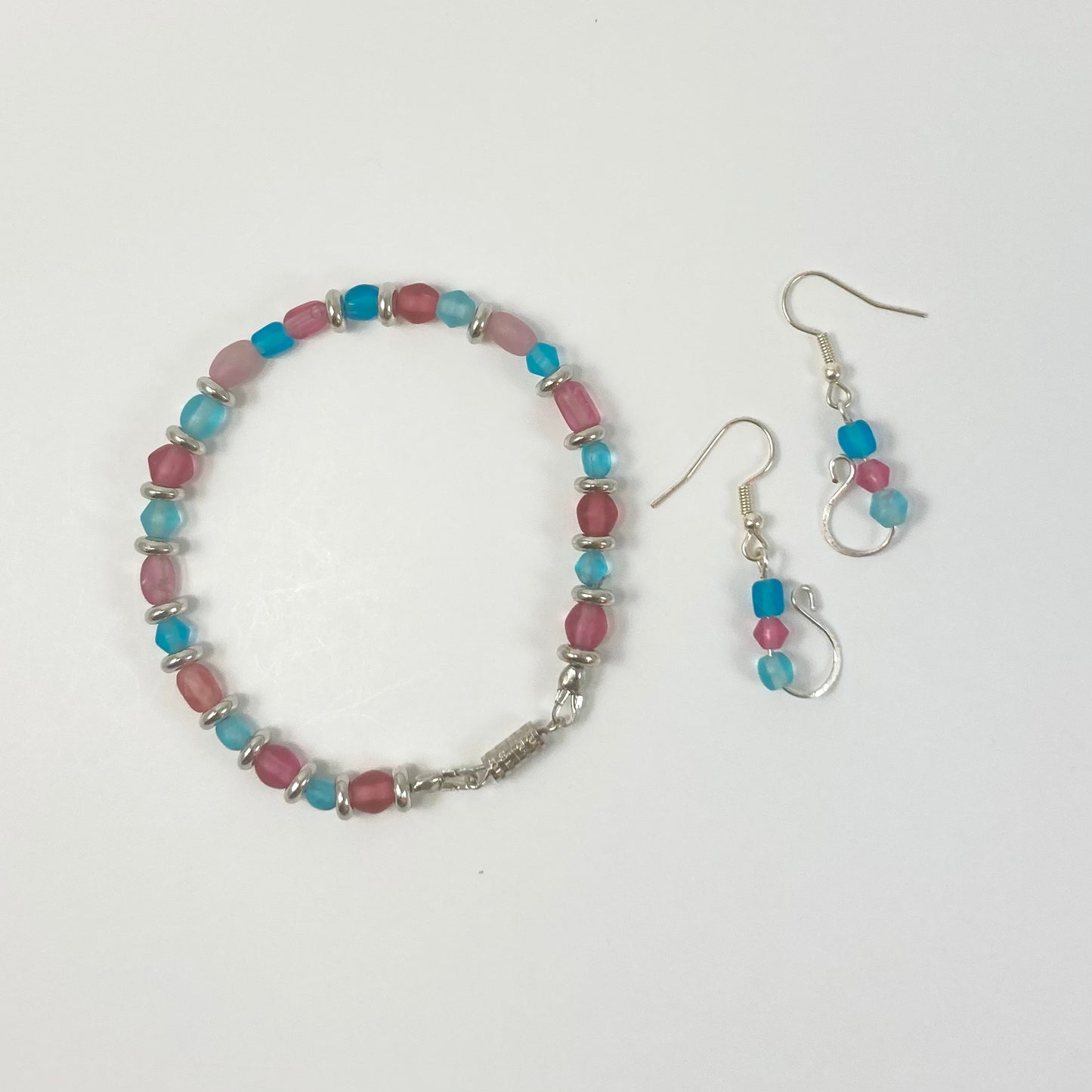 32S - Pink & Blue Bead Bracelet & Earrings