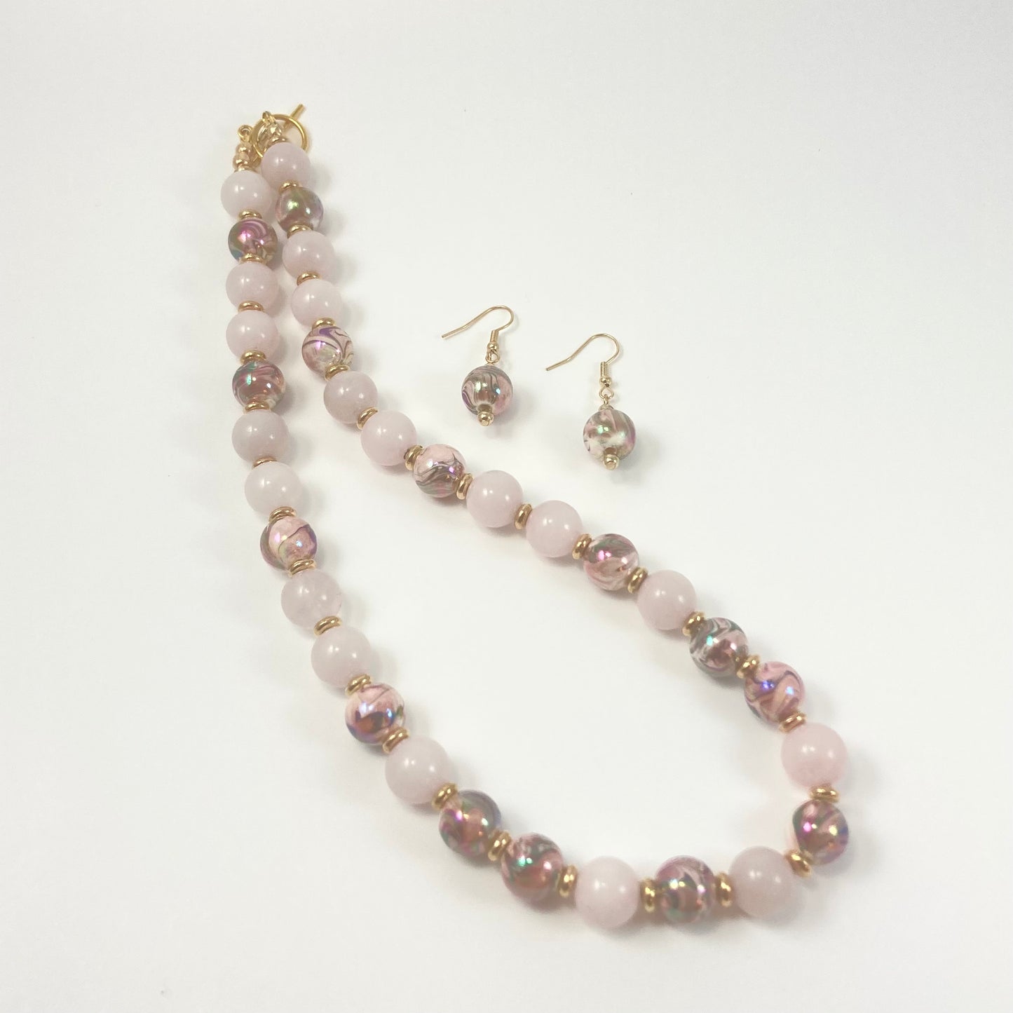 35S - Pink & Gold Bead Necklace and Earring Set