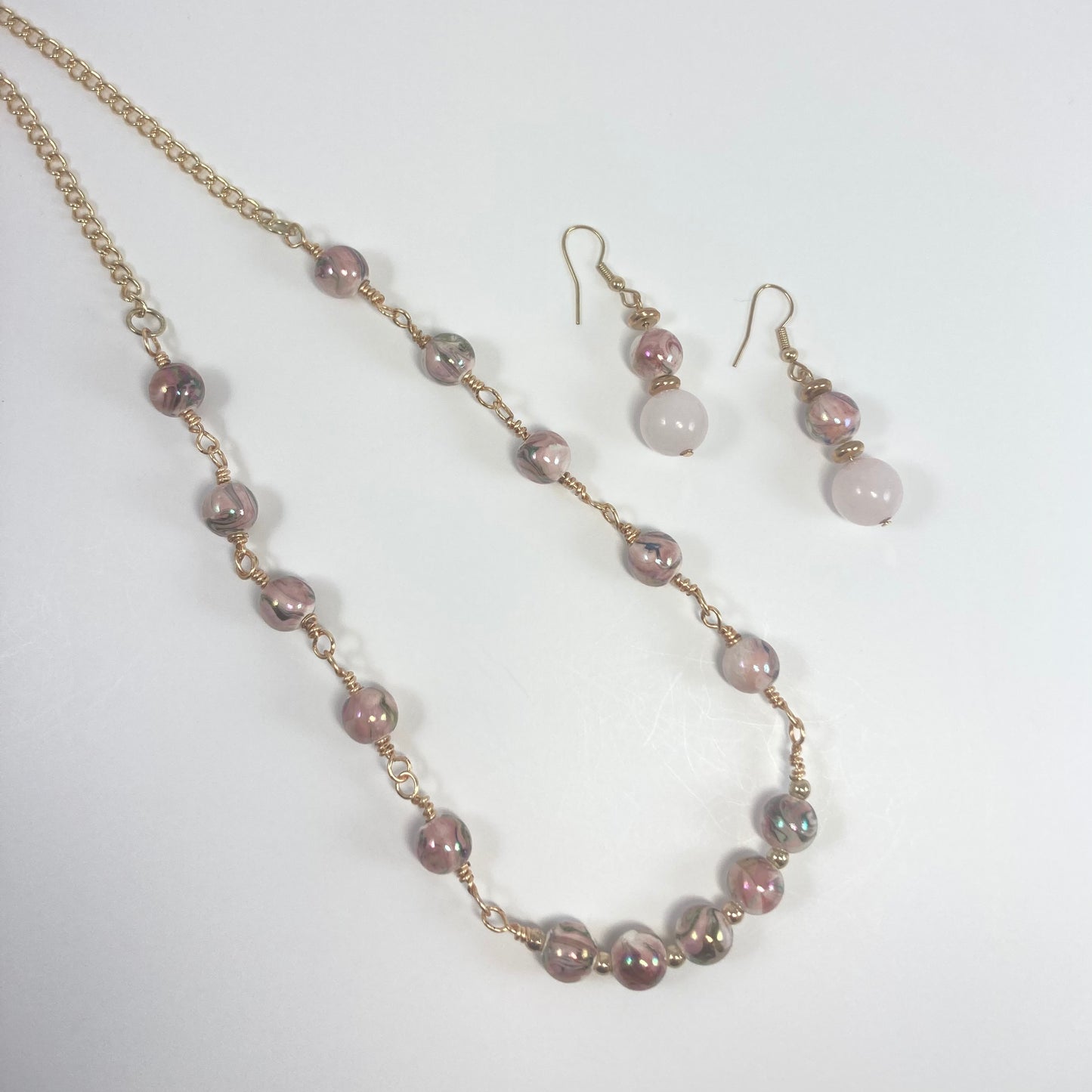 40S Pink & Gold Bead Necklace and Earring Set