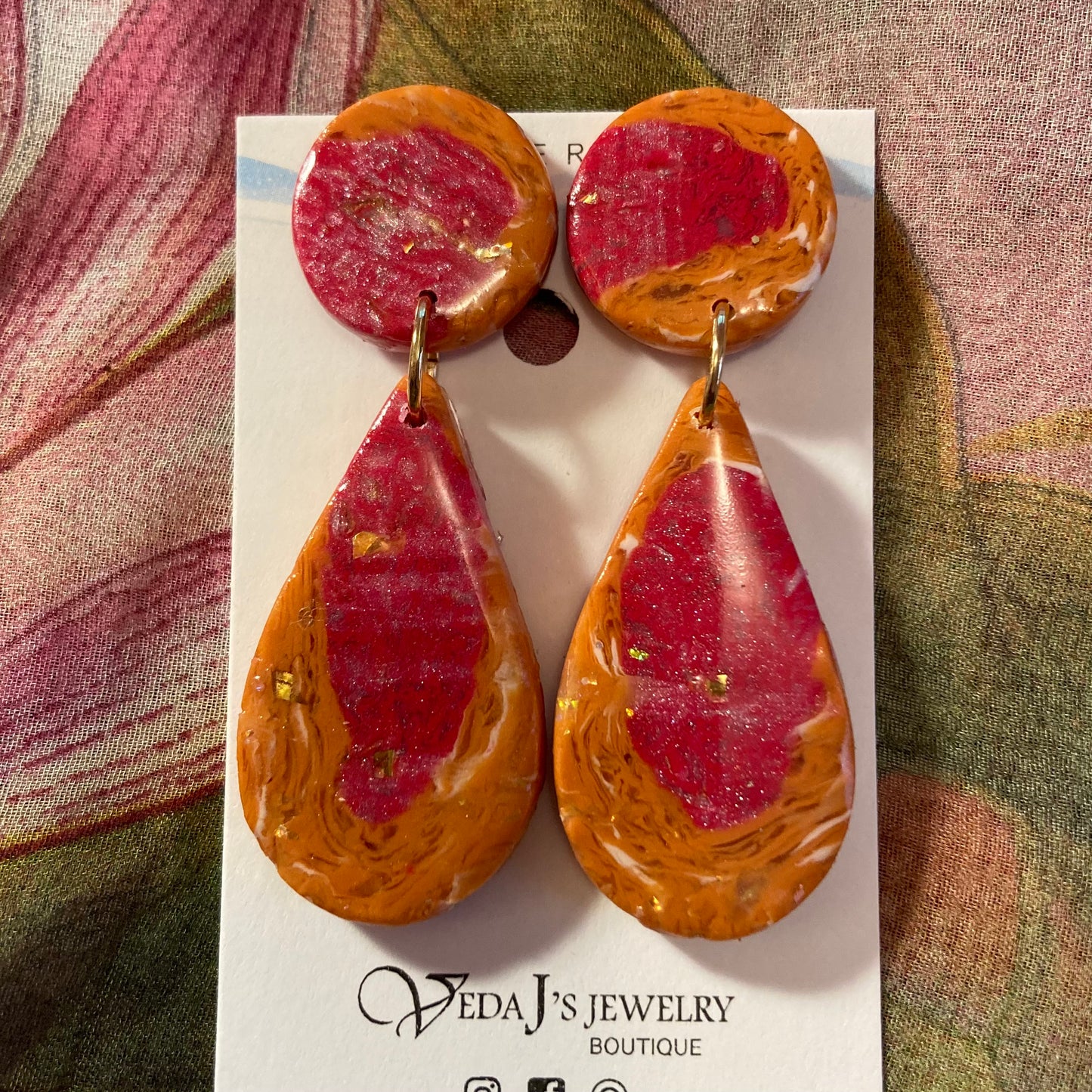 PLYCL-07 - Orange & Pink Teardrop Shaped Marbled Dangle Earrings
