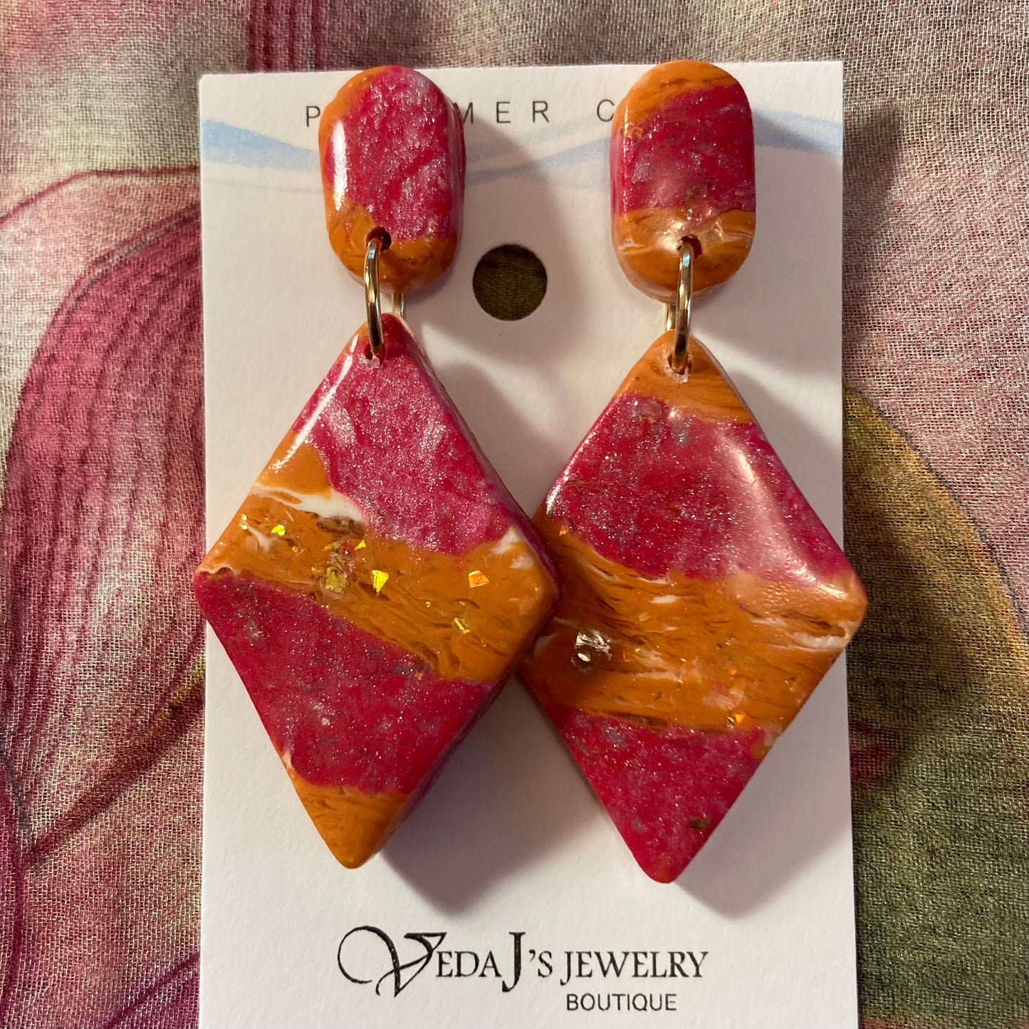 PLYCL-08 - Orange & Pink Diamond Shaped Marbled Earrings