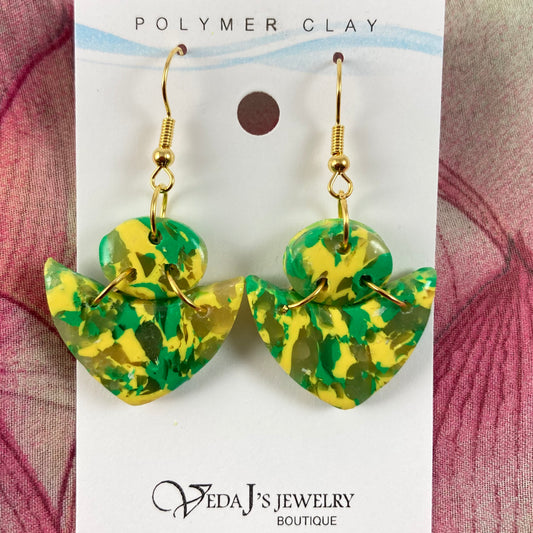 PLYCL-11 - Green & Yellow Translucent Triangular Shaped Marbled Earrings