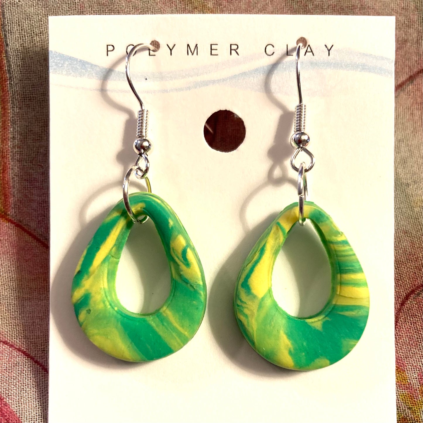 PLYCL-14 - Marbled Green & Yellow Earrings on Silver Hooks