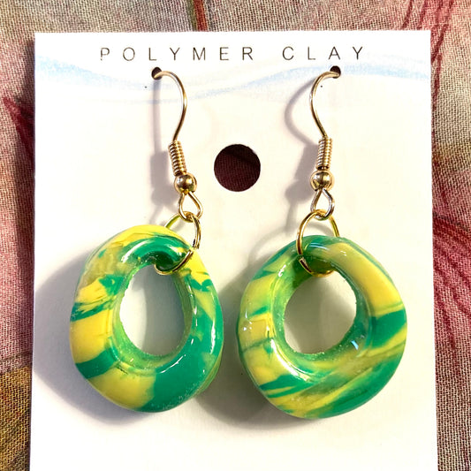 PLYCL-15 - Marbled Green & Yellow Earrings on Gold Hooks