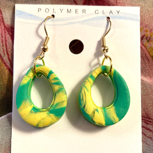 PLYCL-16 - Green & Yellow Marbled Drop Earrings on Gold Hooks