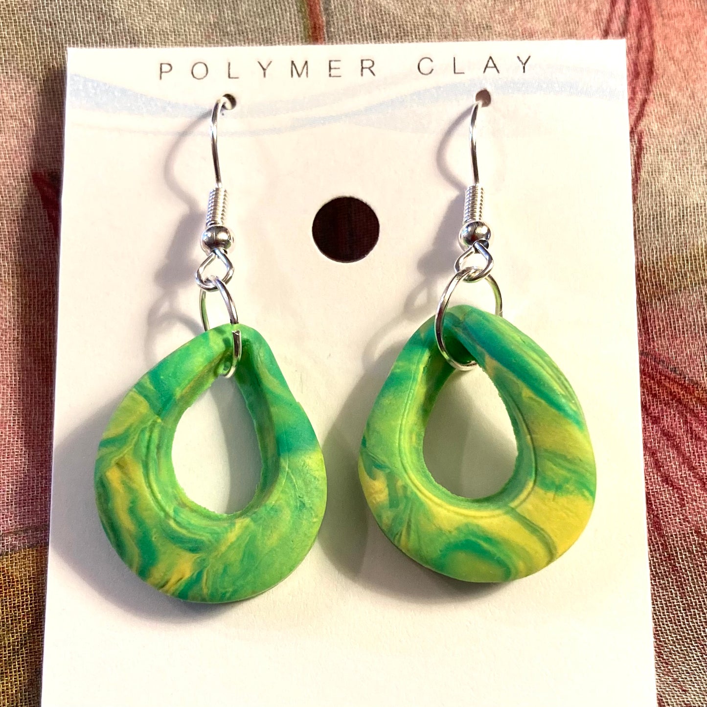 PLYCL-17 - Green & Yellow Marbled Drop Earrings on Silver Hooks