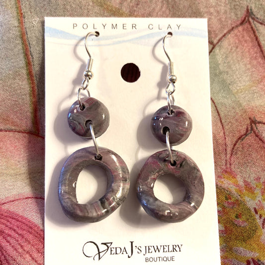 PLYCL-18 - Purple/Gray Marbled Earrings on Silver Hooks
