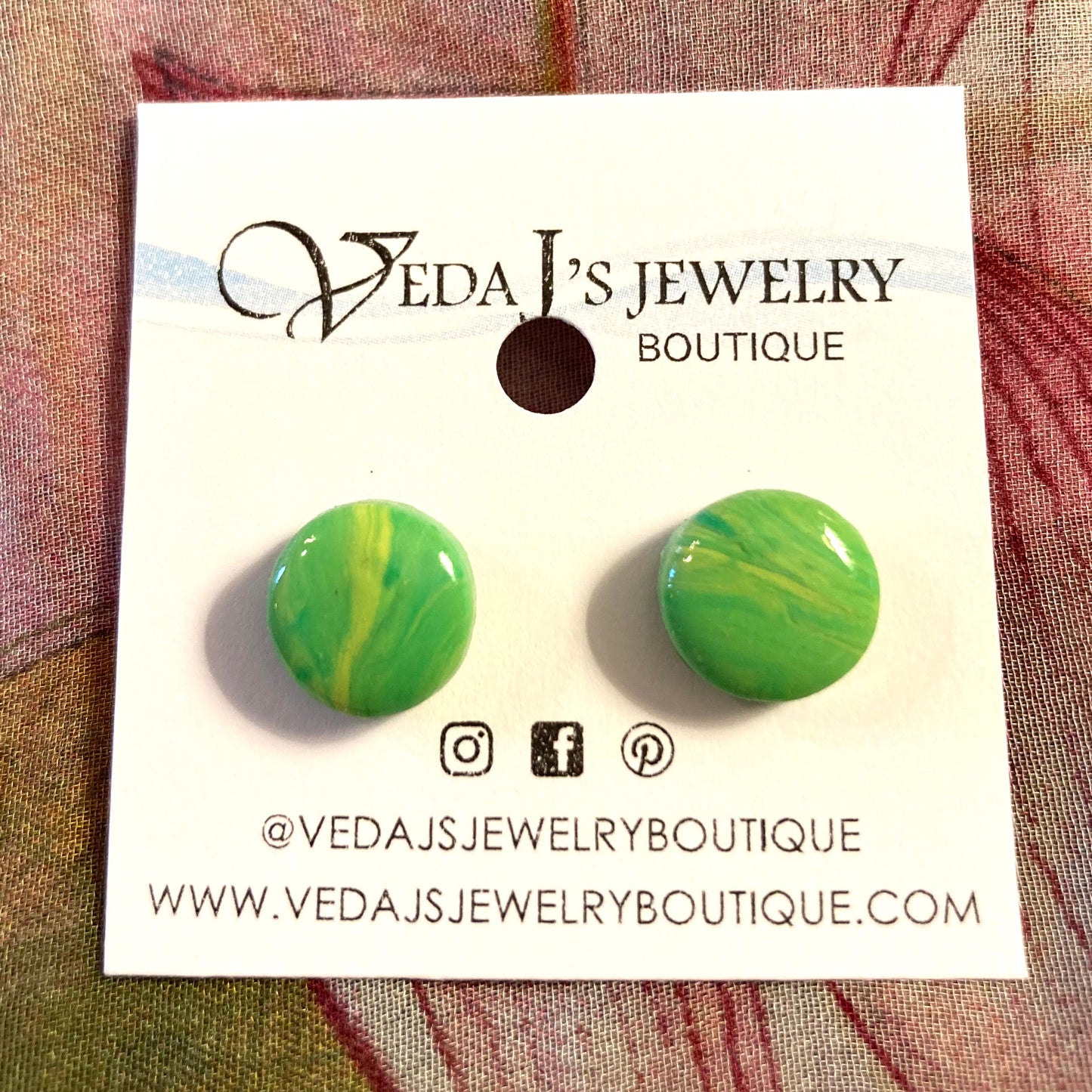 PLYSTD-03 - Marbled Green & Yellow Button Stud Earrings