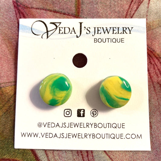 PLYSTD-04 - Marbled Yellow & Green Button Stud Earrings