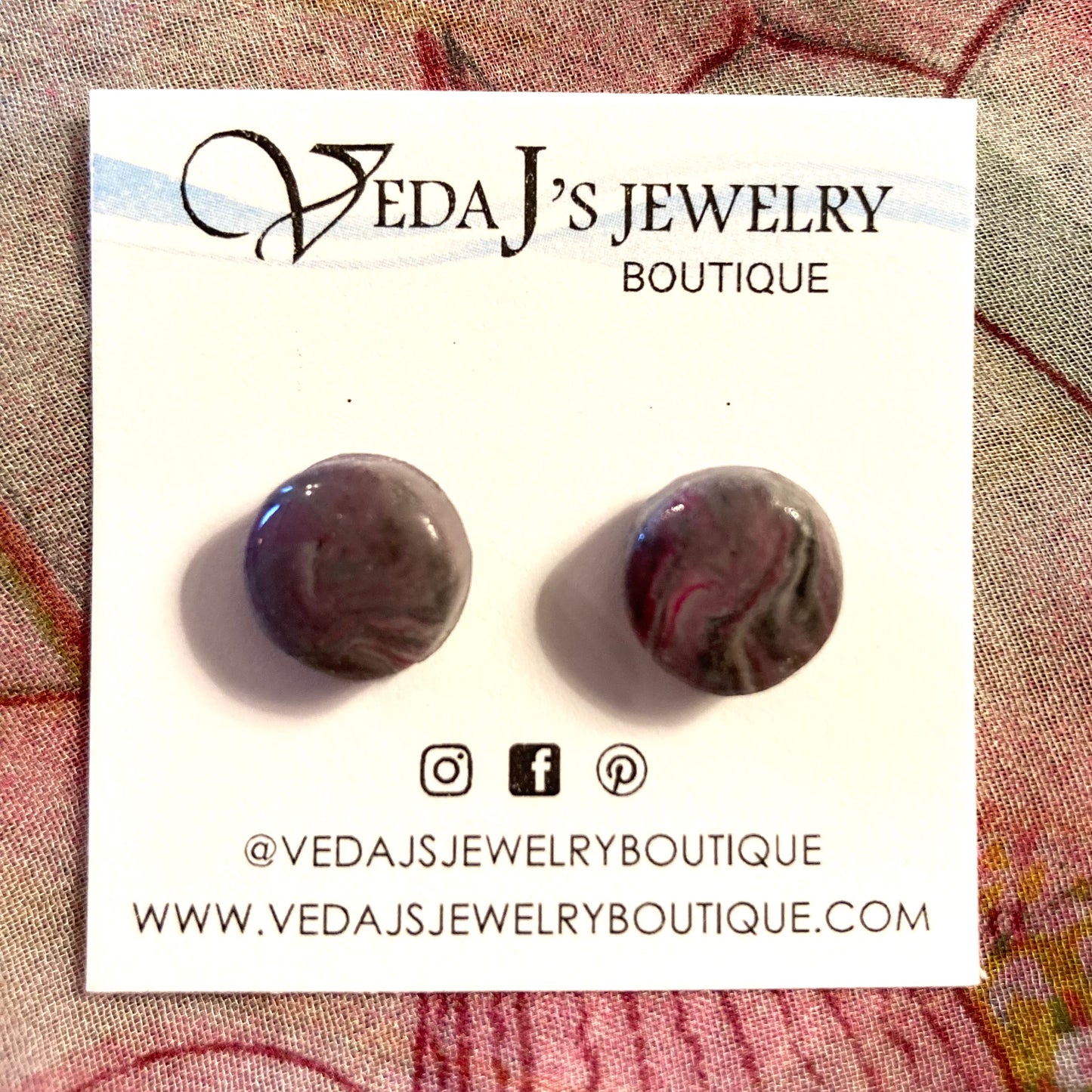 PLYSTD-09 - Marble Purple/Pink Button Stud Earrings