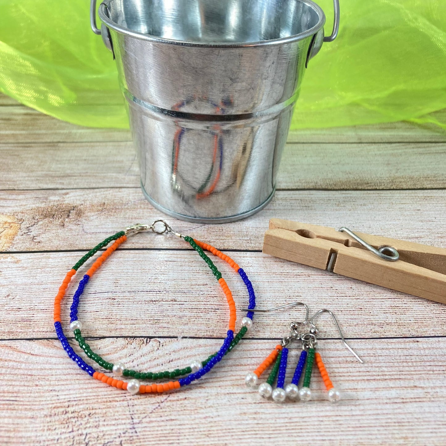 FFB31 - Friendship Bracelet & Earrings - Blue, Orange & Green