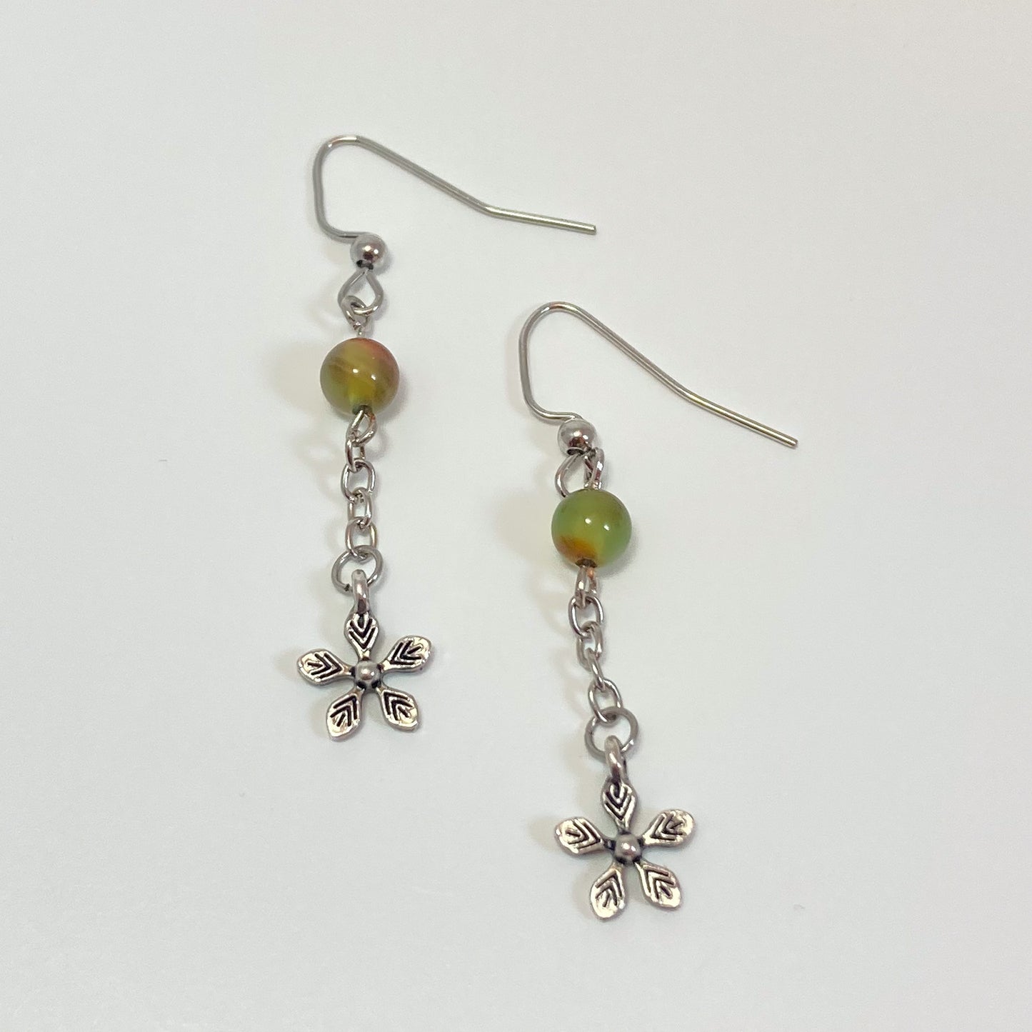 VE24-11 - Silver Chain Peacock & Metal Flower Earrings