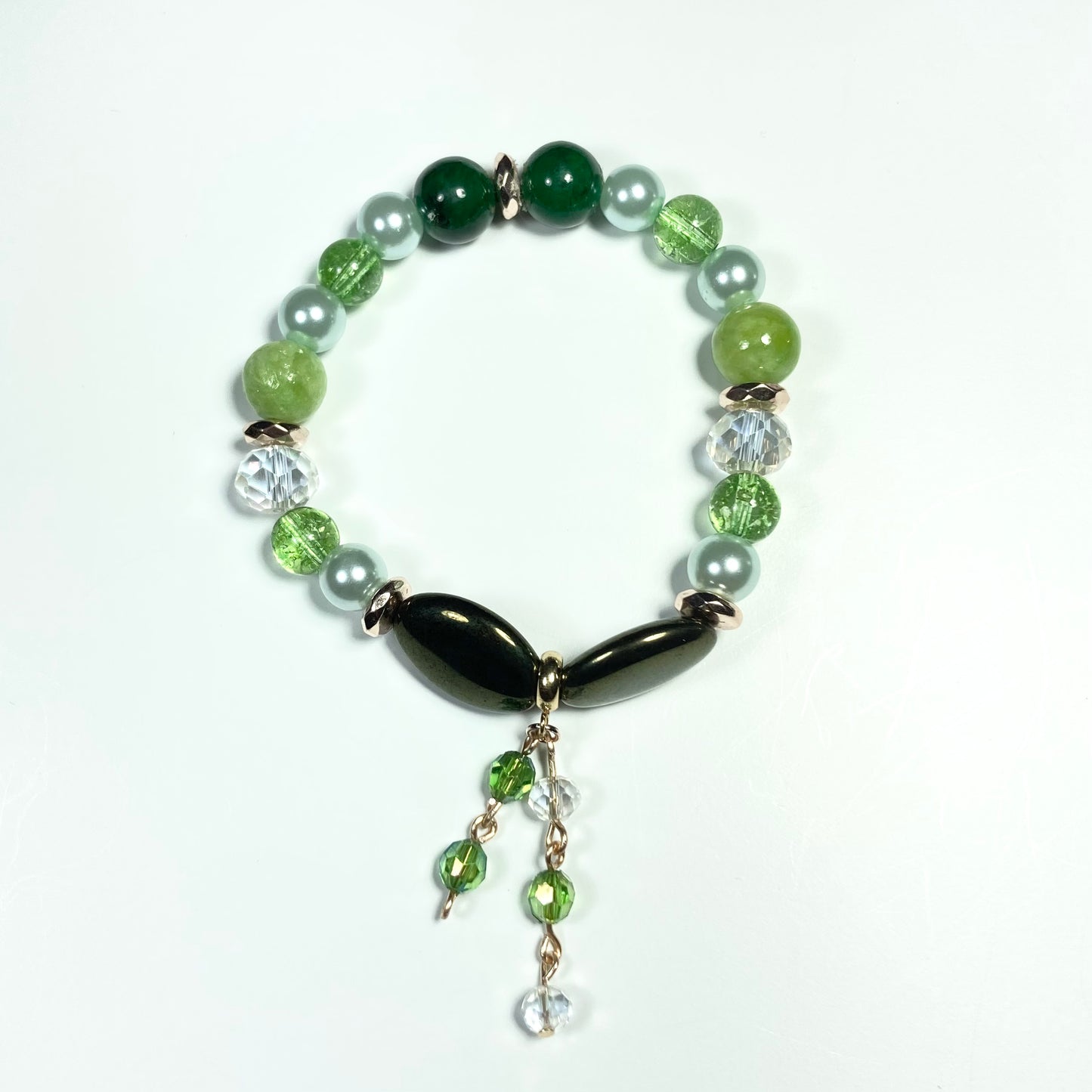 B24-34 - Green, Clear & Gold Bracelet with Charm