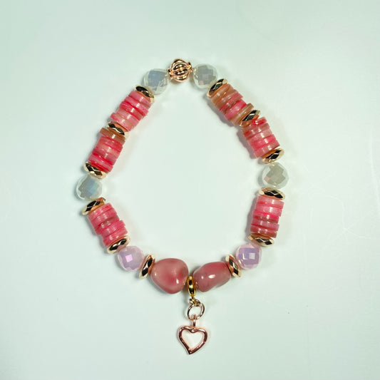 B24-36 - Pink & Rose Gold Stretch Bracelet w/ Heart Charm