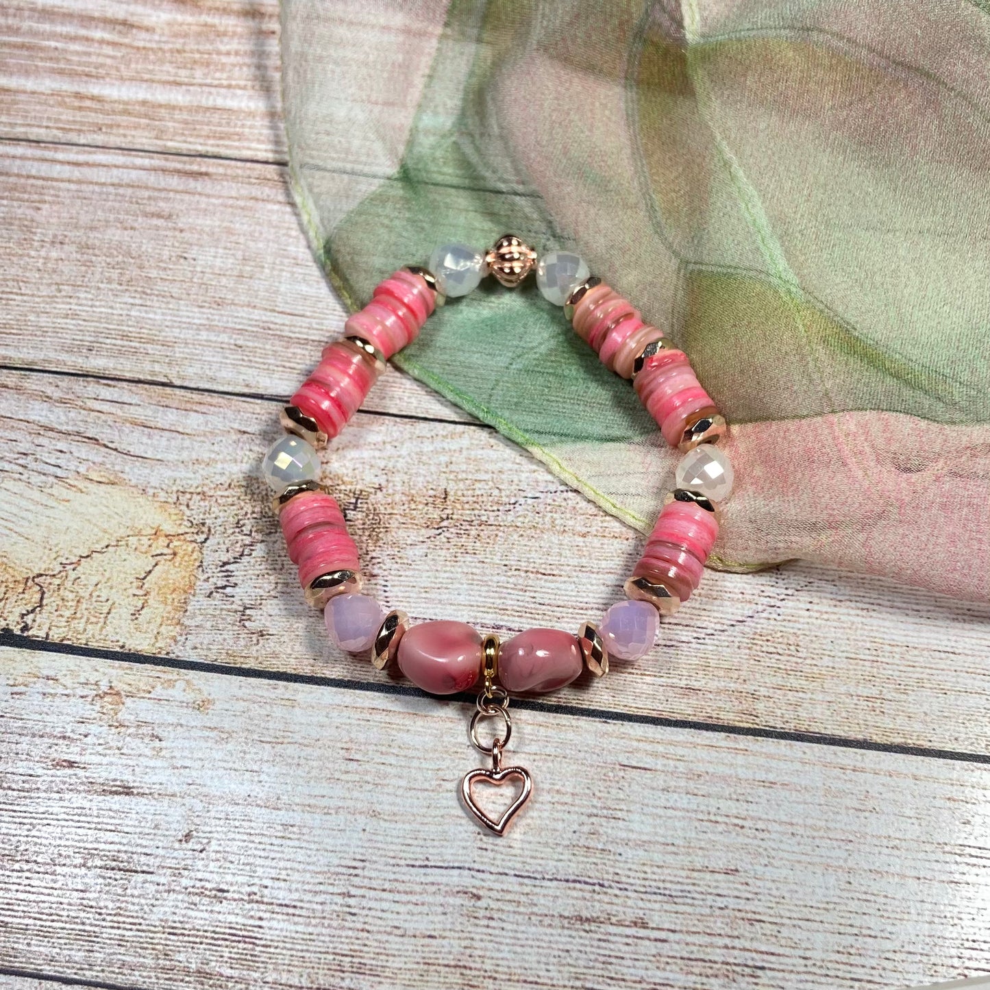 B24-36 - Pink & Rose Gold Stretch Bracelet w/ Heart Charm